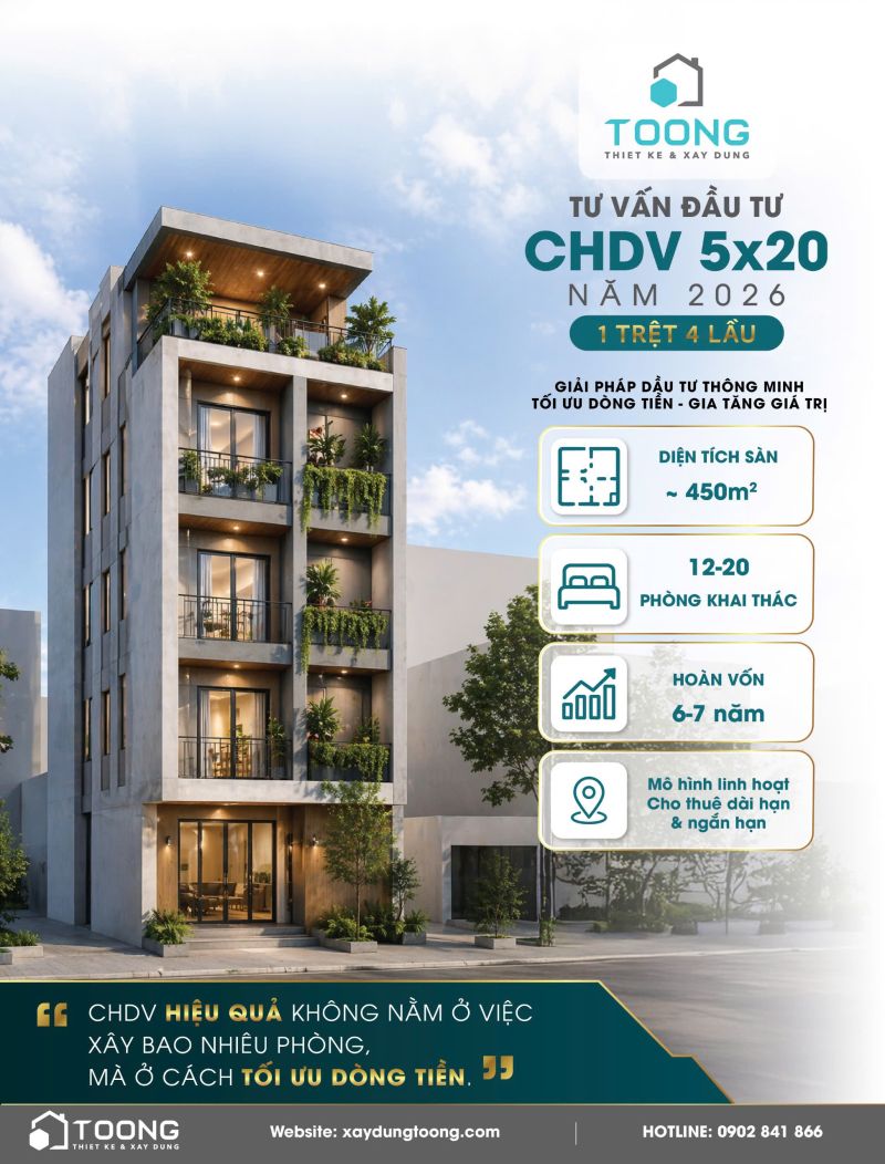 Chi ph&iacute; x&acirc;y căn hộ dịch vụ 5x20 năm 2026: B&agrave;i to&aacute;n đầu tư cần nh&igrave;n đ&uacute;ng ngay từ đầu